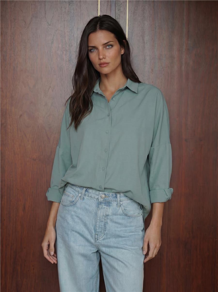 103901 Oversize Basic Tesettür Gömlek - Su Yeşili