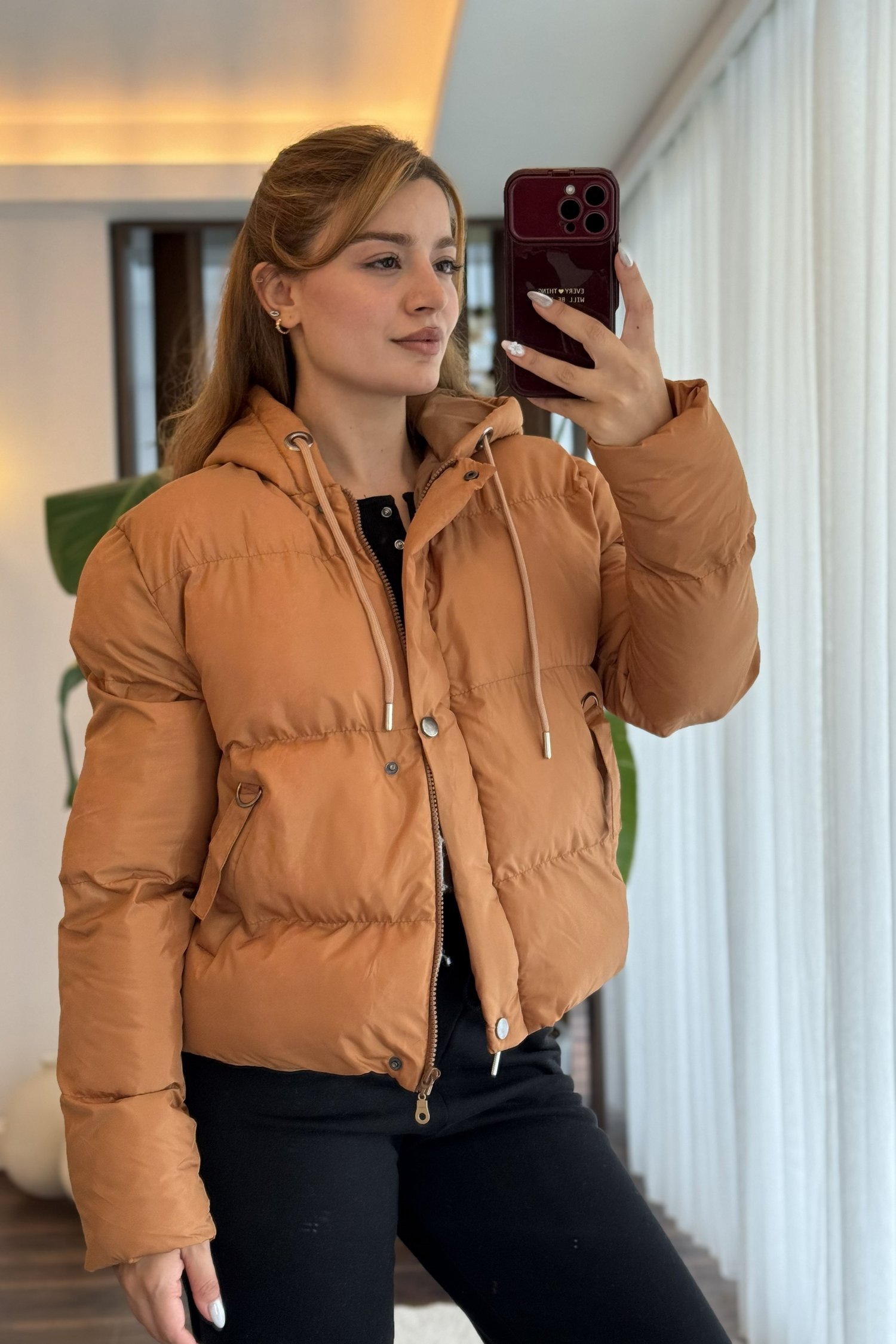 Taba Bağcıklı Kapüşonlu Mont