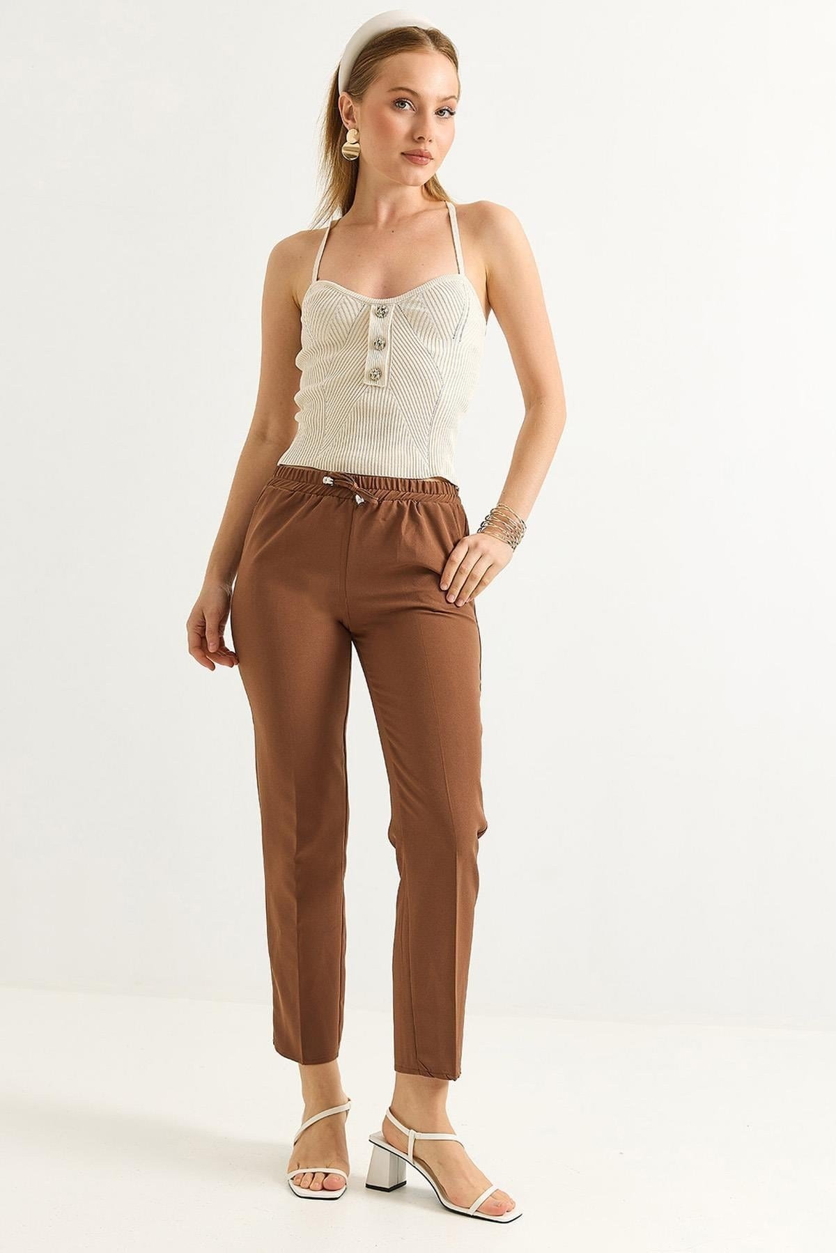 Taba Beli Lastikli Krep Pantolon