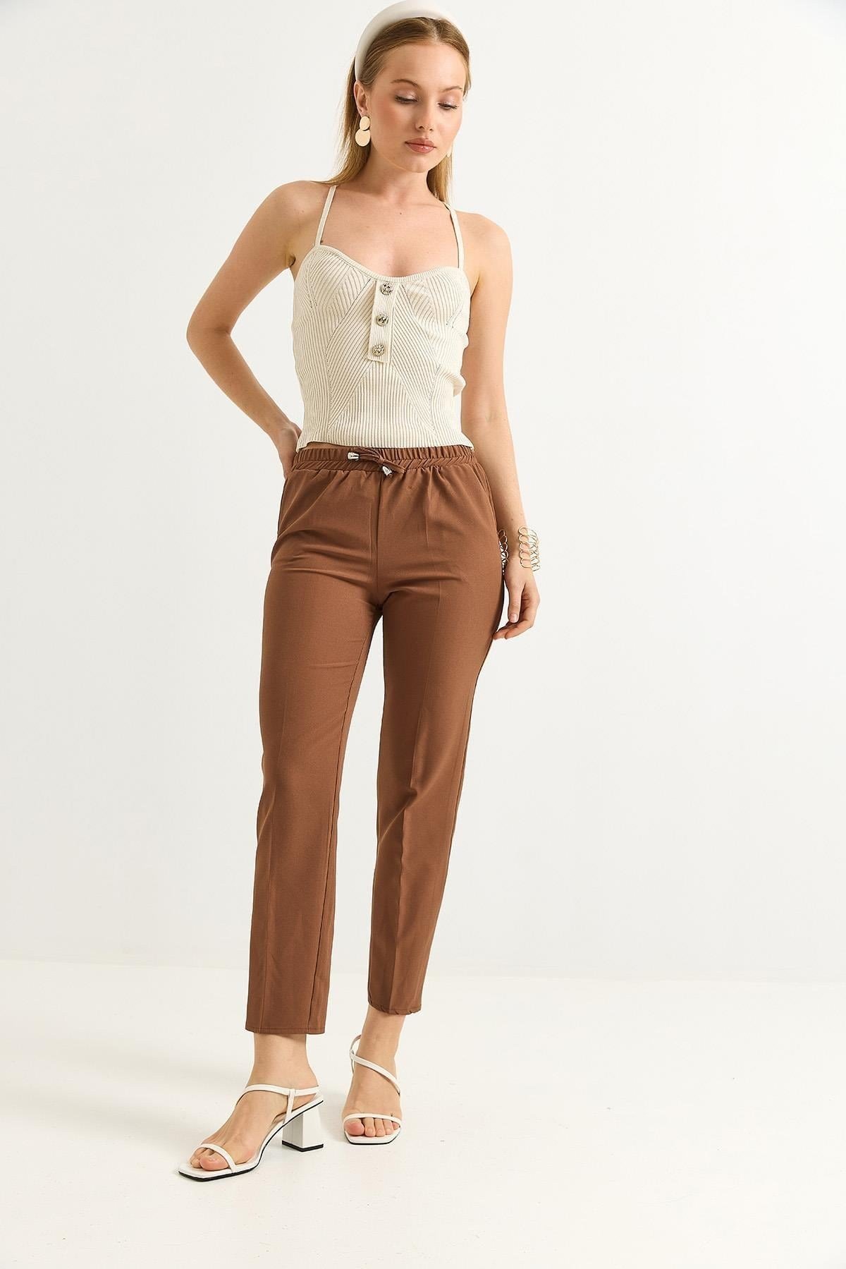 Taba Beli Lastikli Krep Pantolon