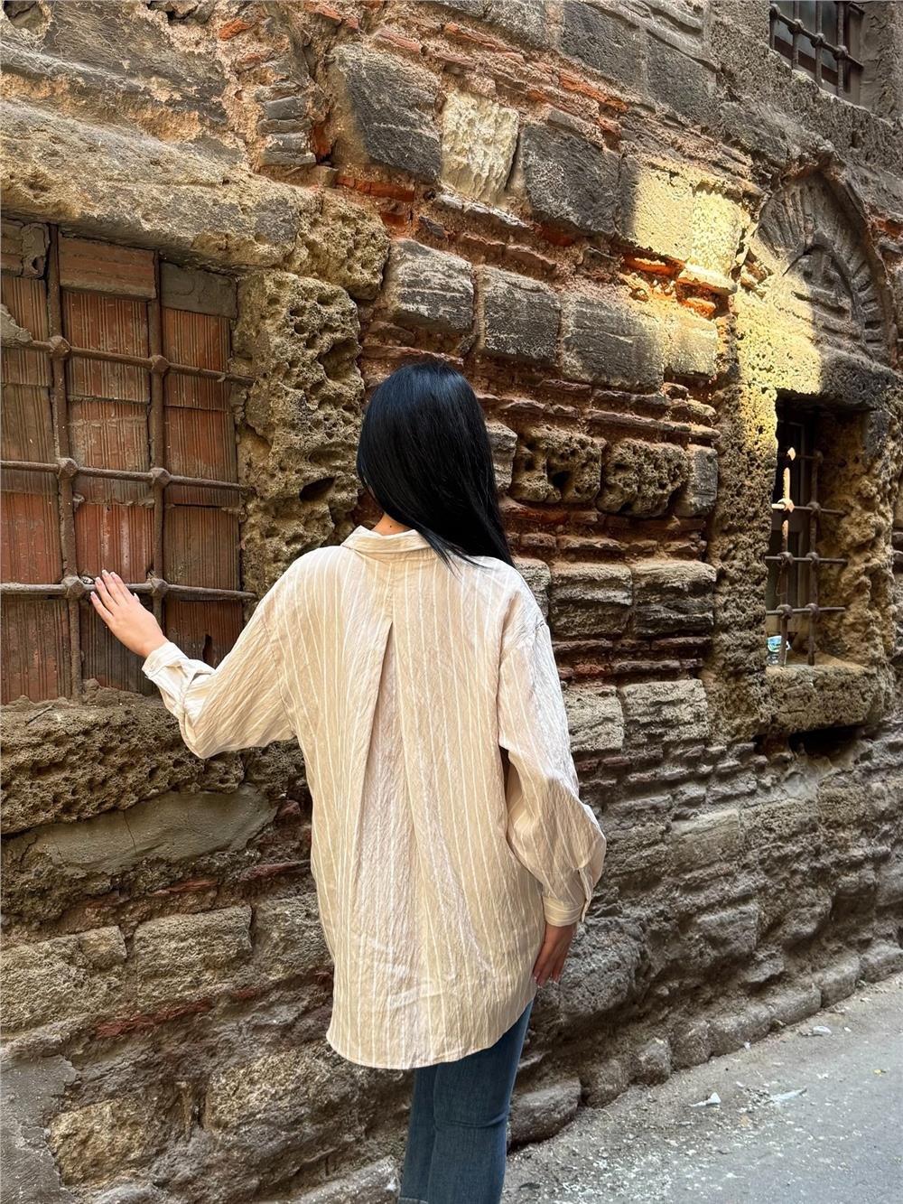Taş Çizgili Oversize Düğmeli Gömlek