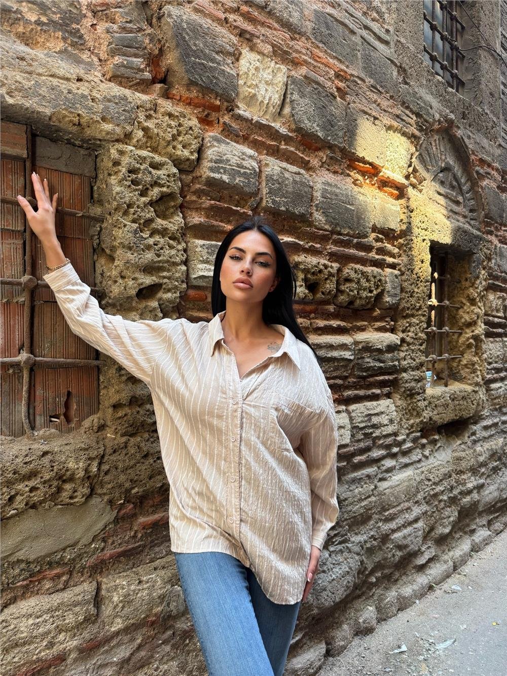 Taş Çizgili Oversize Düğmeli Gömlek