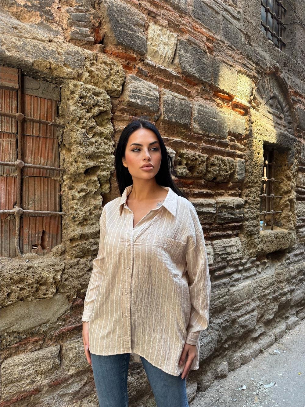 Taş Çizgili Oversize Düğmeli Gömlek