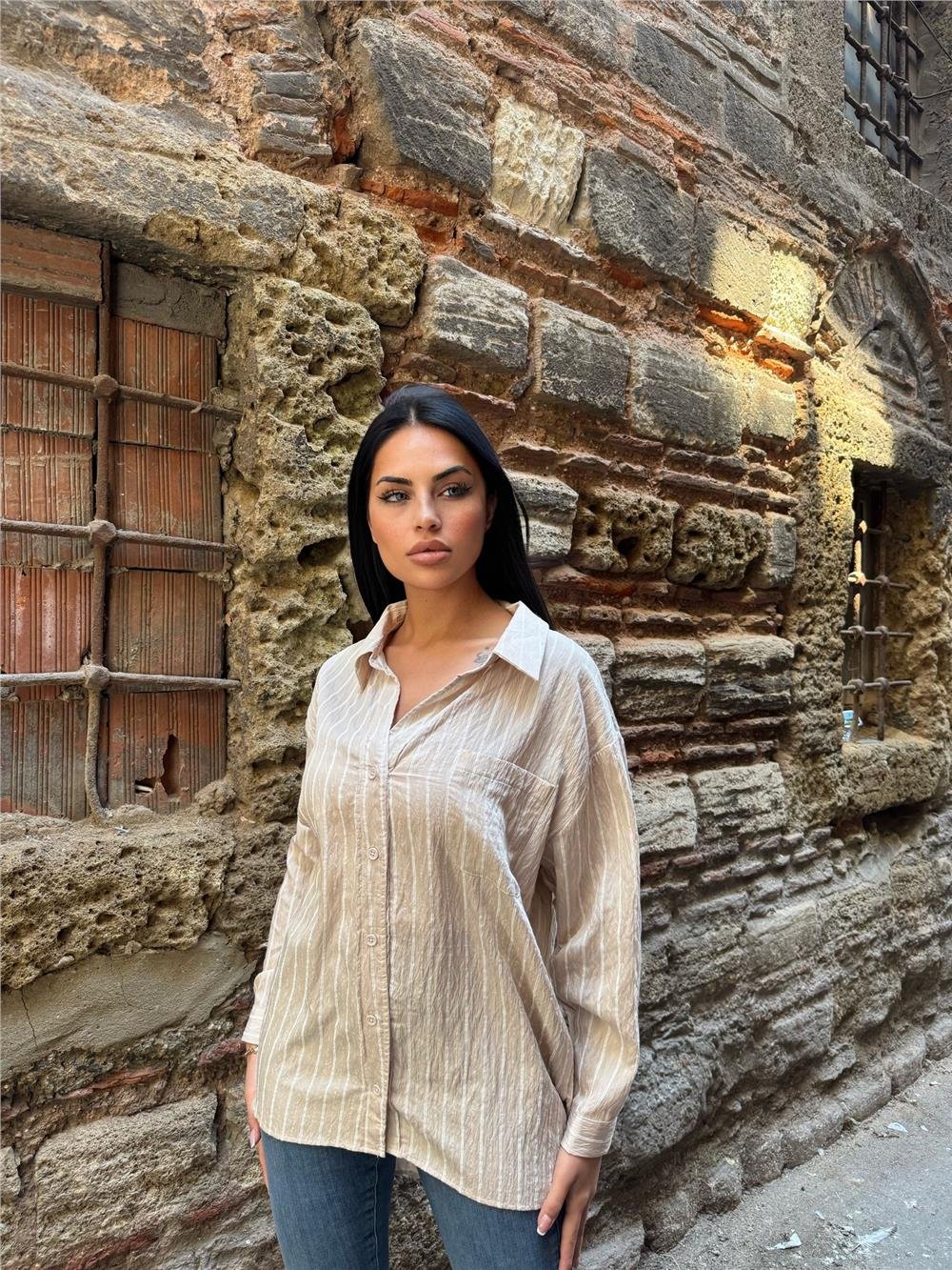 Taş Çizgili Oversize Düğmeli Gömlek
