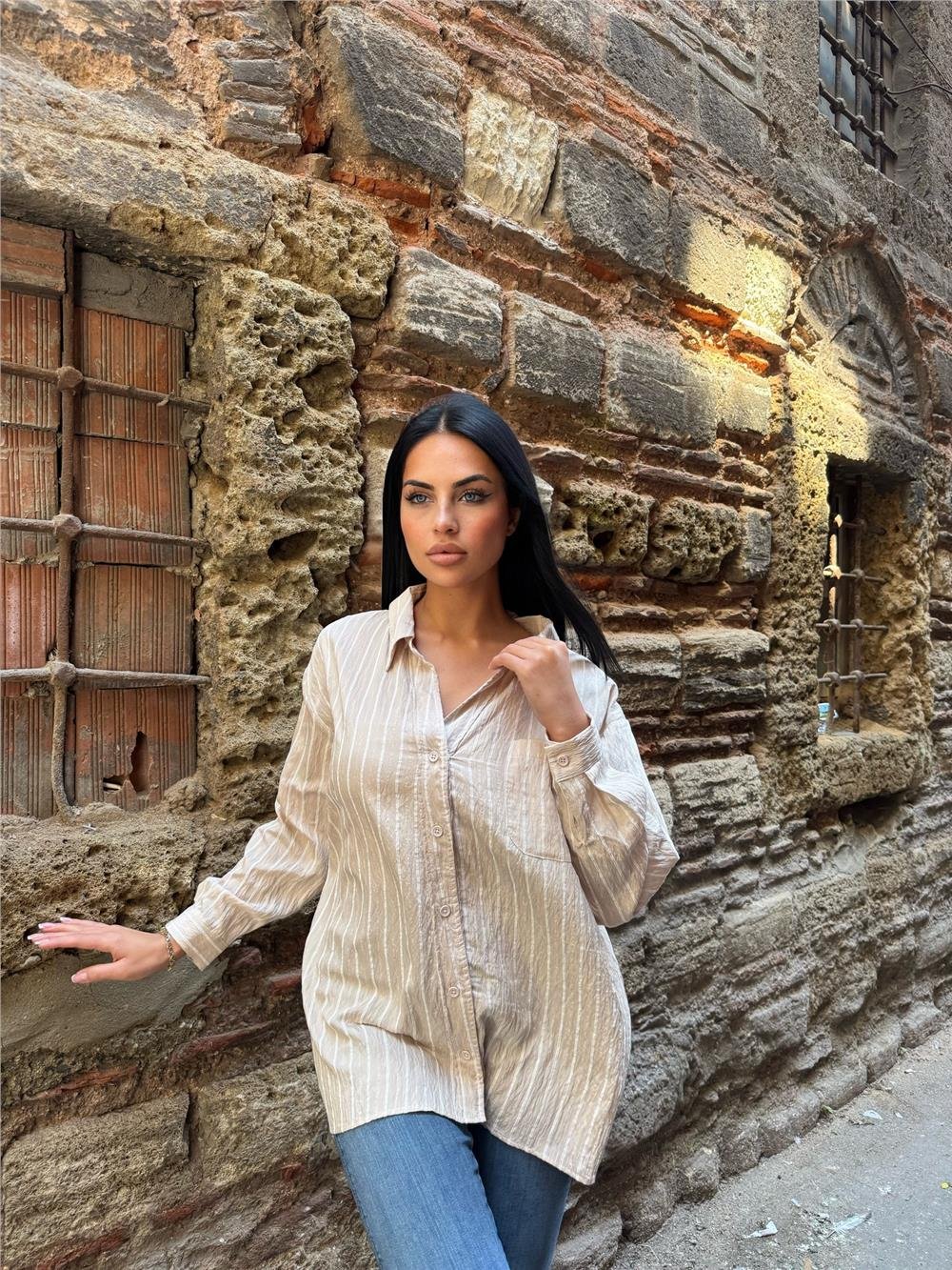 Taş Çizgili Oversize Düğmeli Gömlek