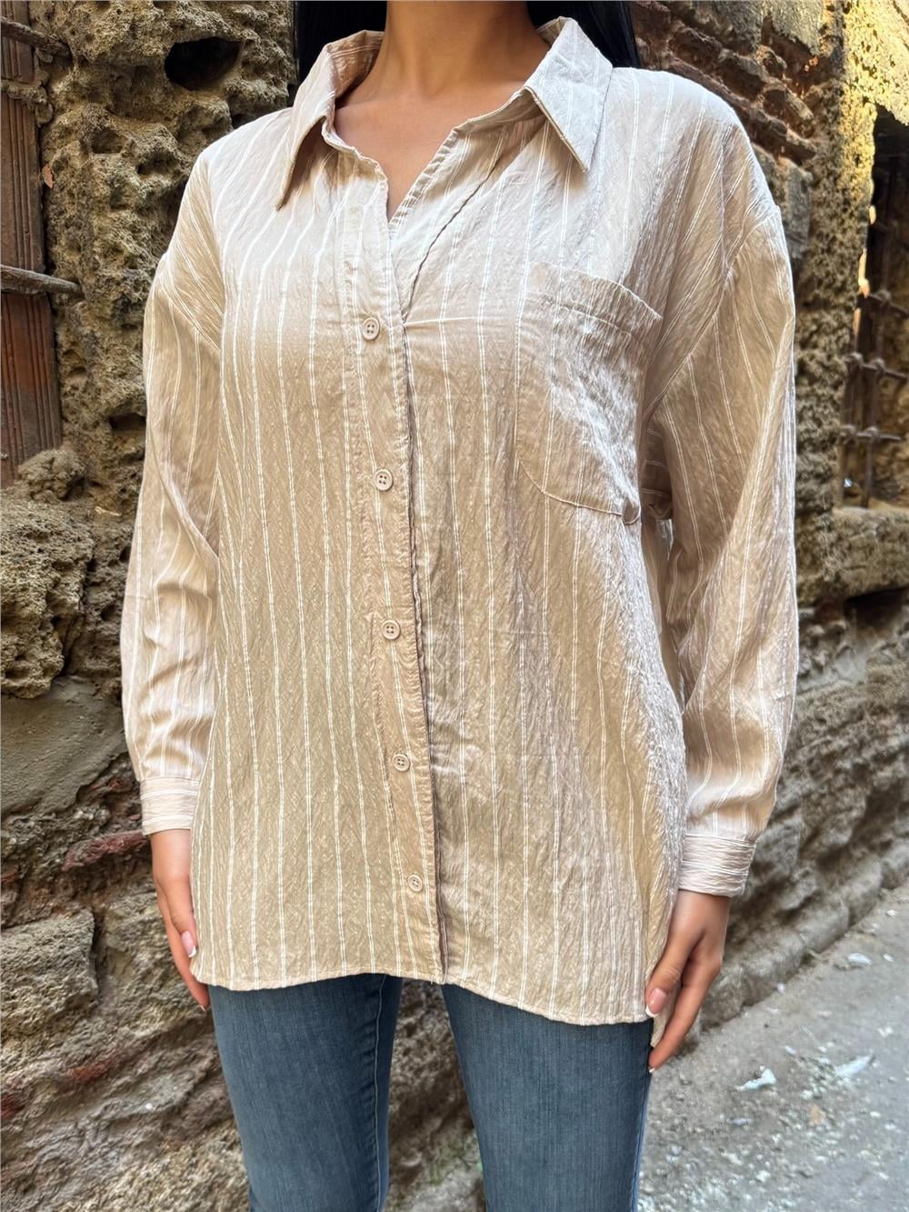 Taş Çizgili Oversize Düğmeli Gömlek