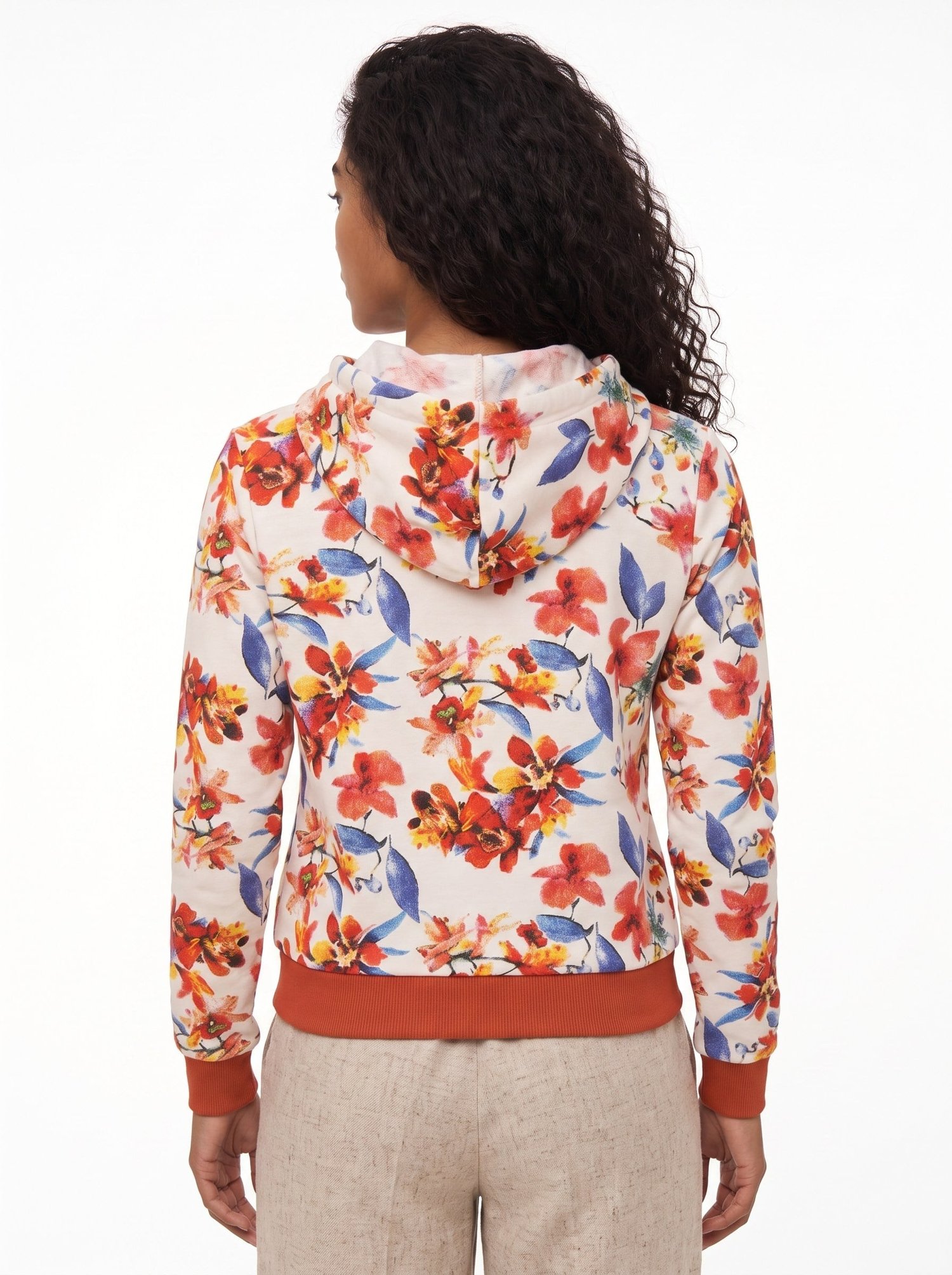 Turuncu Çiçek Desenli Kapüşonlu Sweatshirt