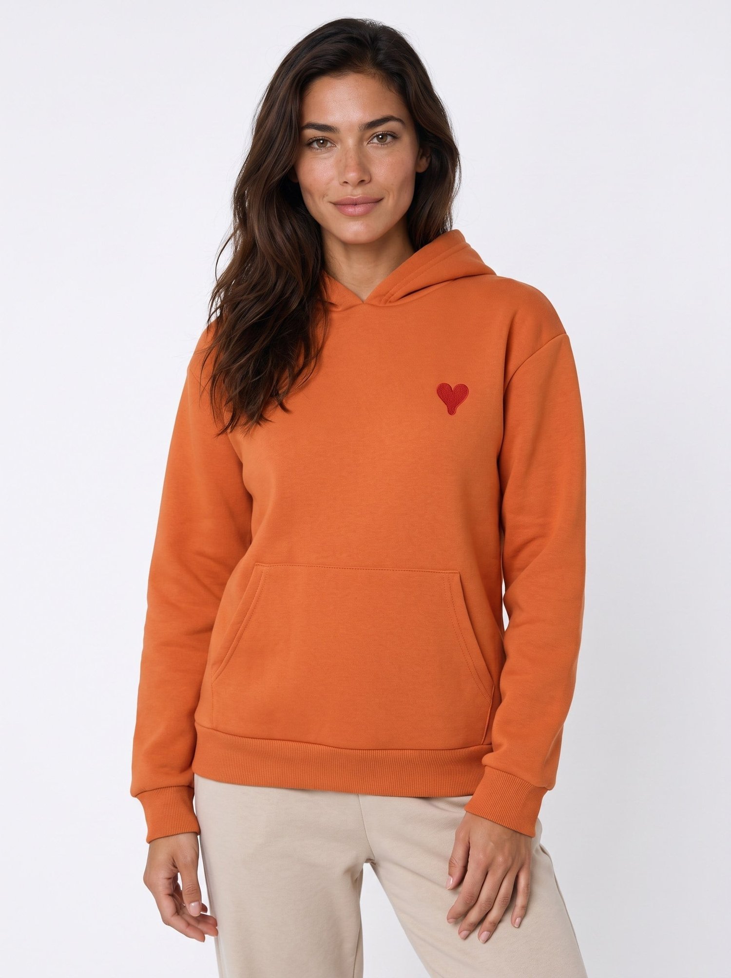 Turuncu Kalp Nakışlı Kapüşonlu Sweatshirt