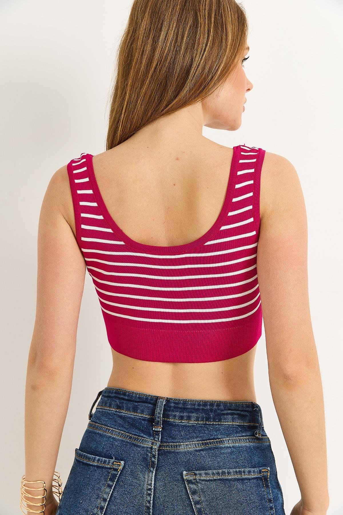 Vişne Çizgili Crop Triko Bluz