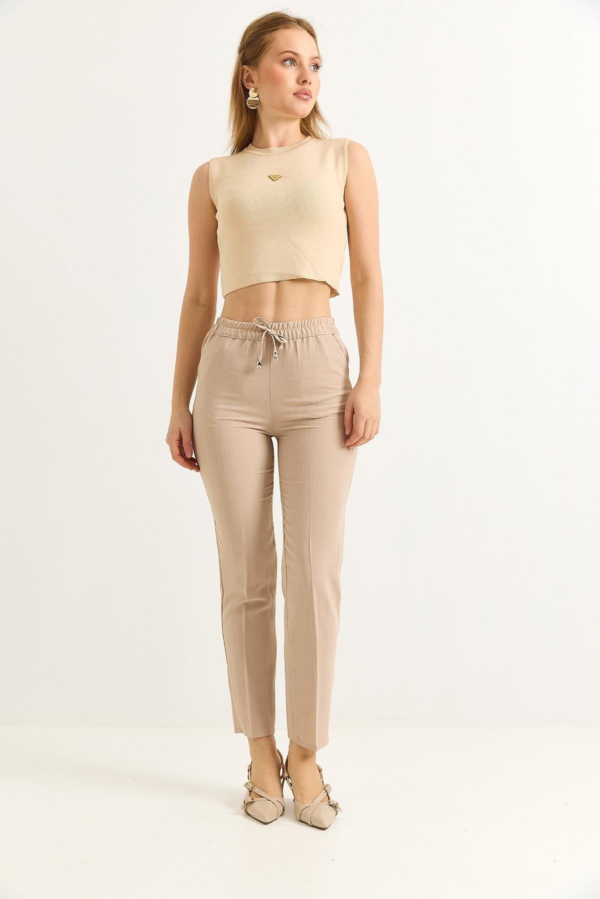 Vizon Beli Lastikli Krep Pantolon