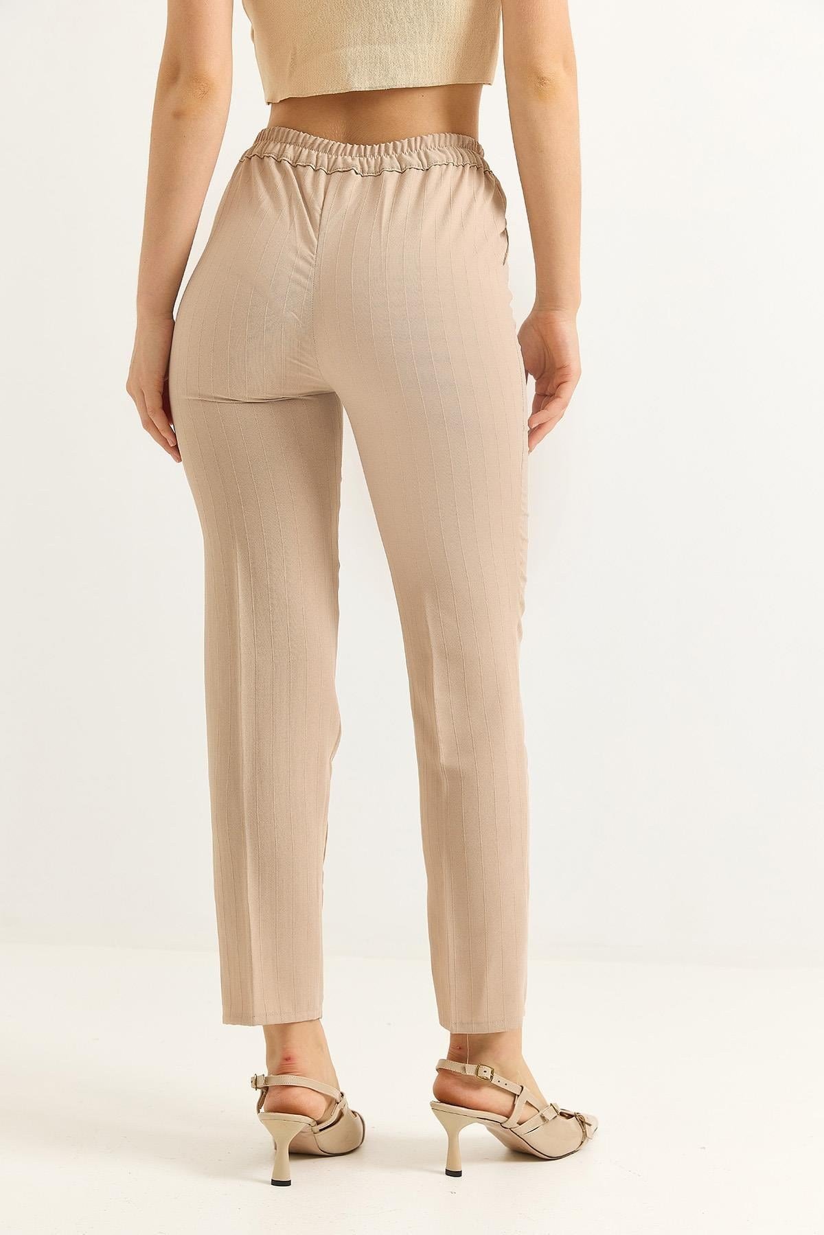 Vizon Beli Lastikli Krep Pantolon