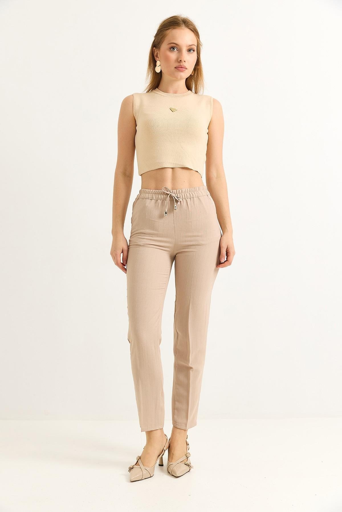 Vizon Beli Lastikli Krep Pantolon