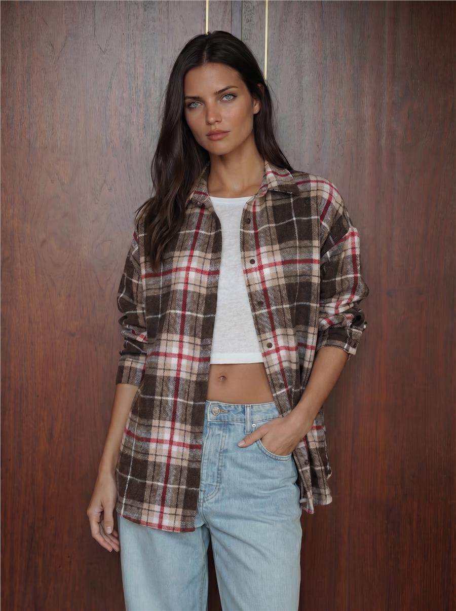 Kadın Ekose Desen Oversize Oduncu Gömlek 3854 Vizon