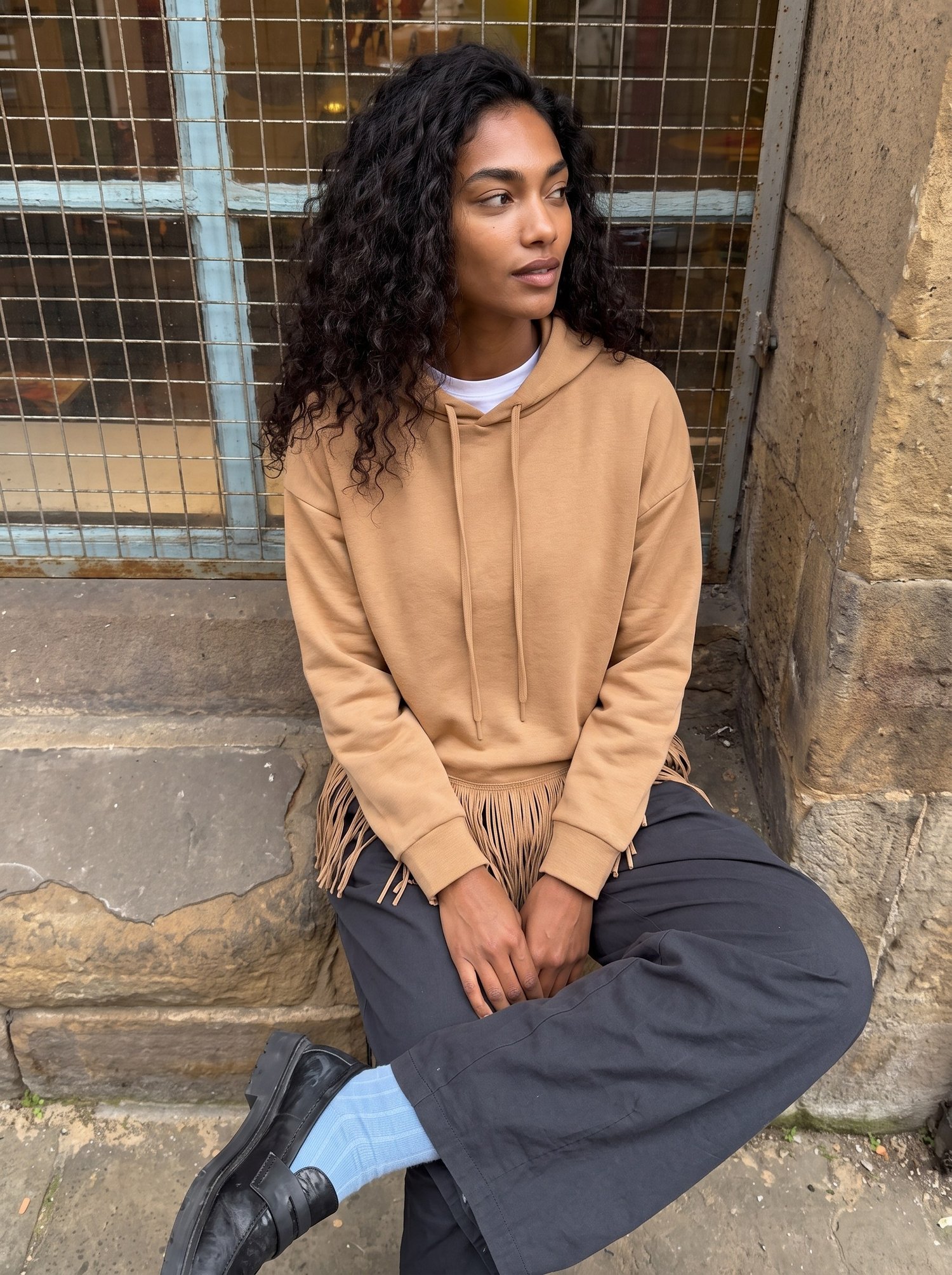 Vizon Saçaklı Kapüşonlu Sweatshirt
