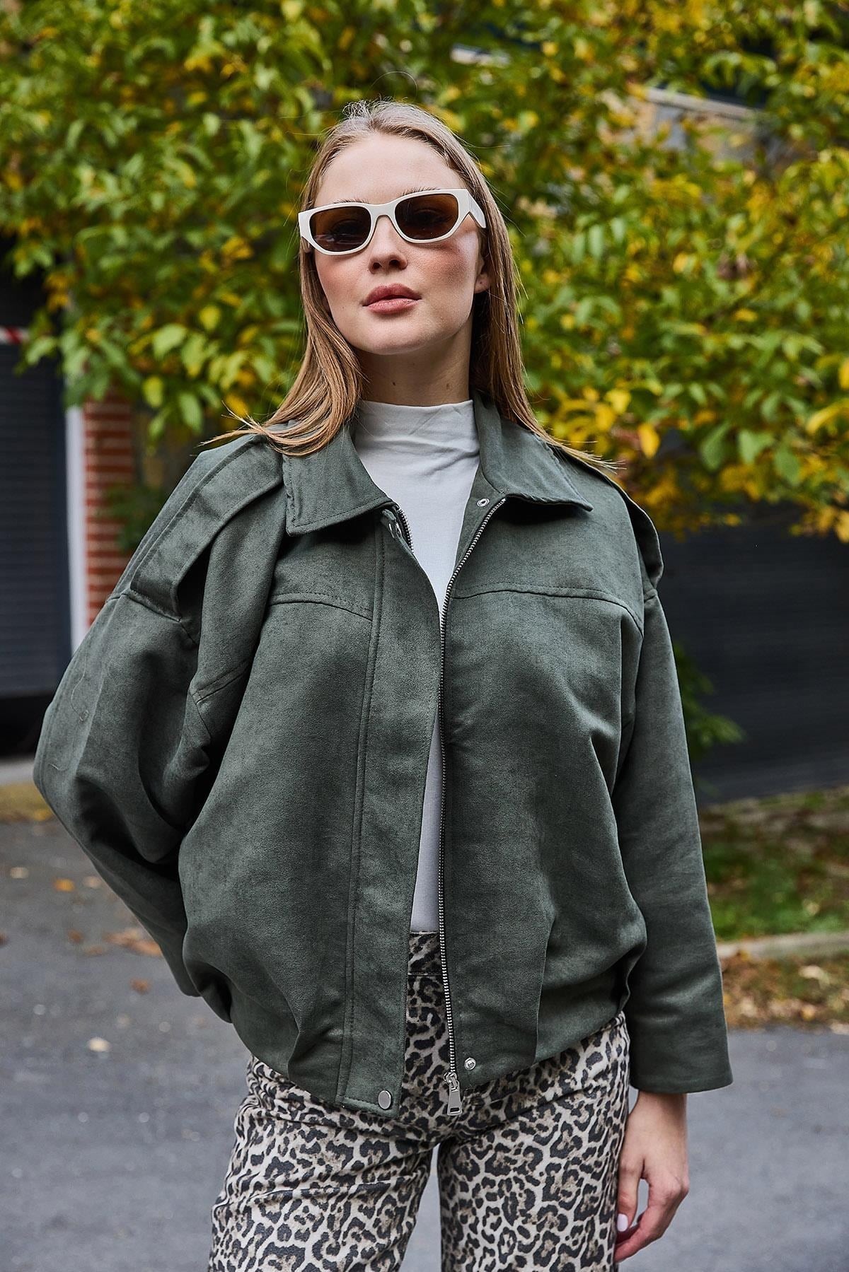 Yeşil Kadife Oversize Mont