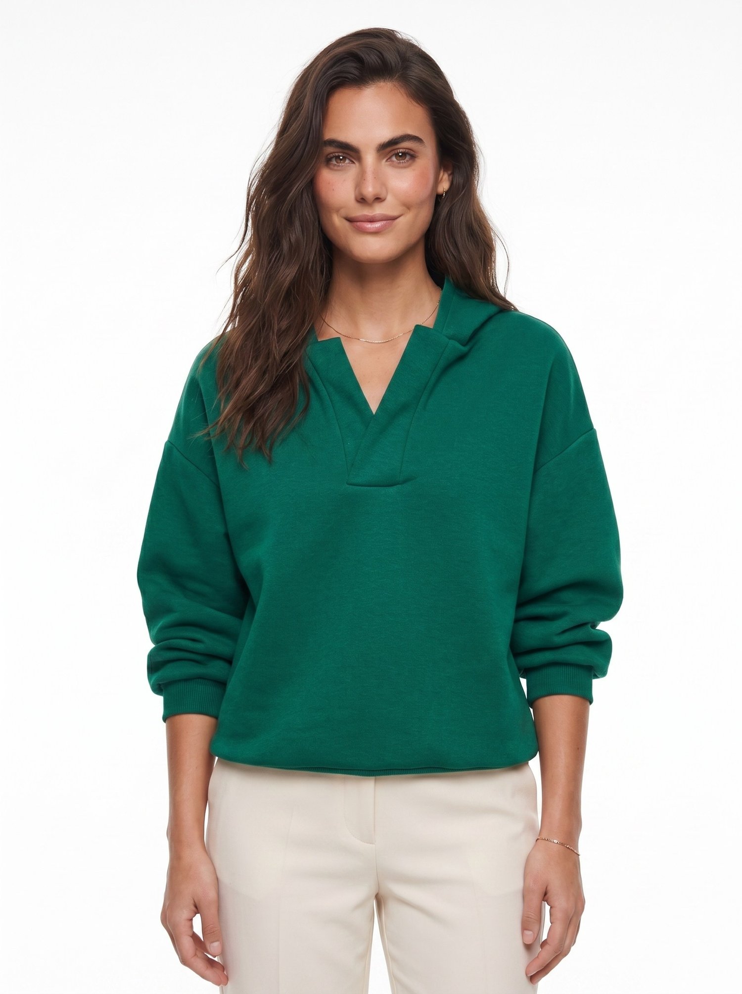 Yeşil Kapüşonlu V Yaka Sweatshirt