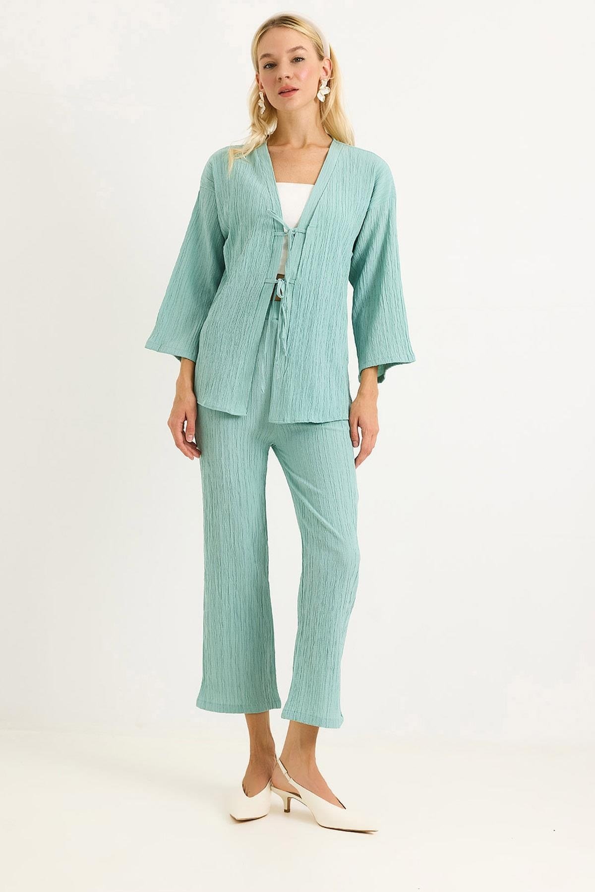 Yeşil Krınkıl Kimono Pantolon Takım