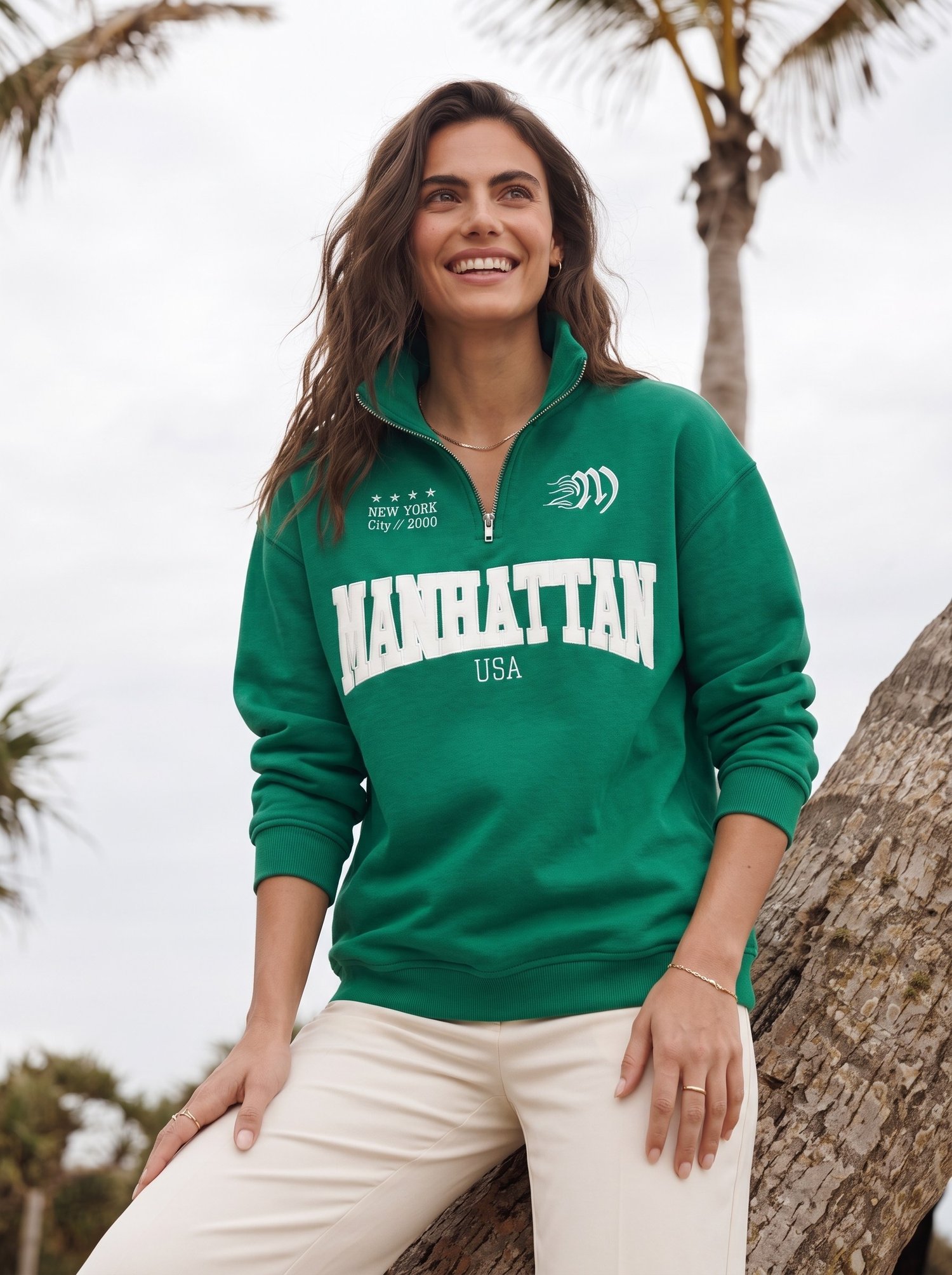 Yeşil Nakışlı Fermuarlı Oversize Sweatshirt