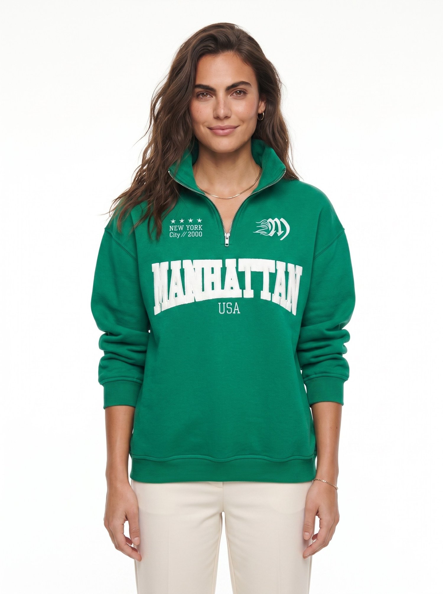 Yeşil Nakışlı Fermuarlı Oversize Sweatshirt