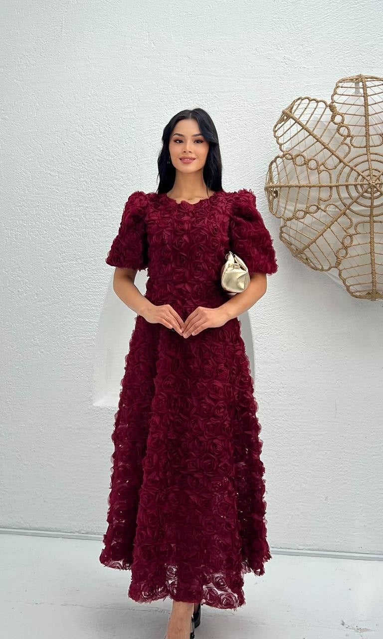 3876-BORDO PRENSES OMUZ GÜL KUMAŞ ELBİSE