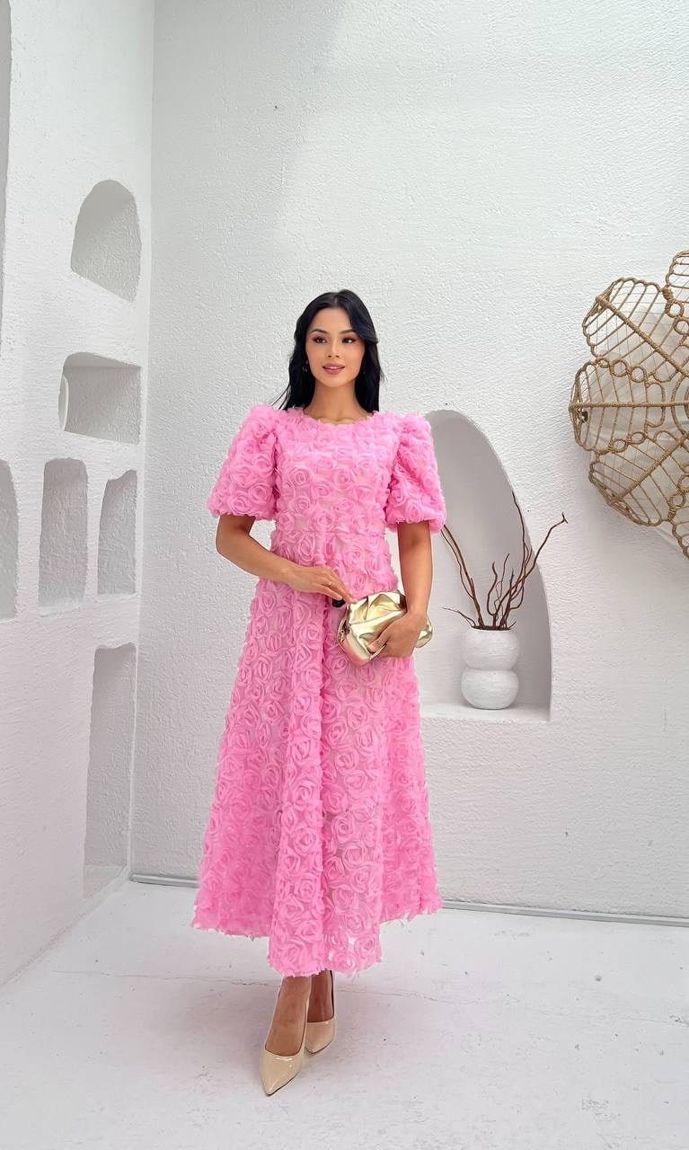 3876-PEMBE PRENSES OMUZ GÜL KUMAŞ ELBİSE