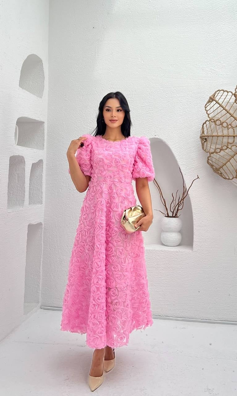3876-PEMBE PRENSES OMUZ GÜL KUMAŞ ELBİSE
