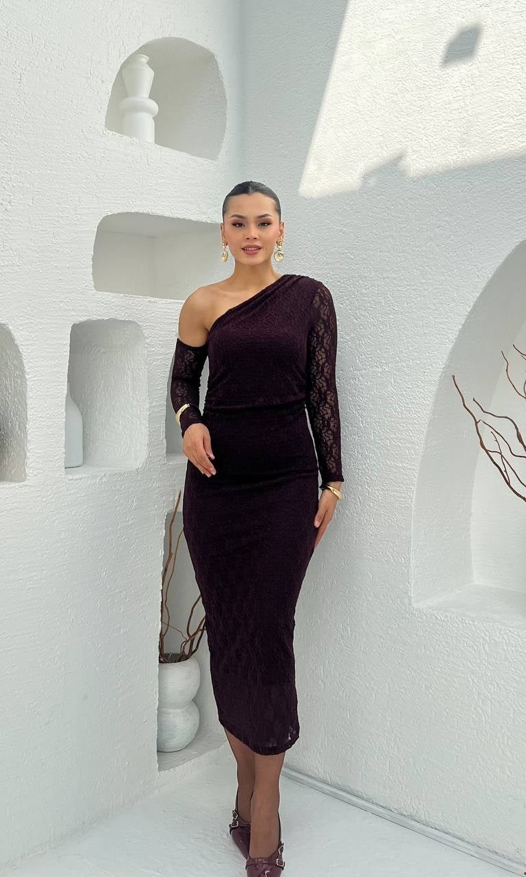 3883-BORDO TEK OMUZ DANTELLİ ELBİSE