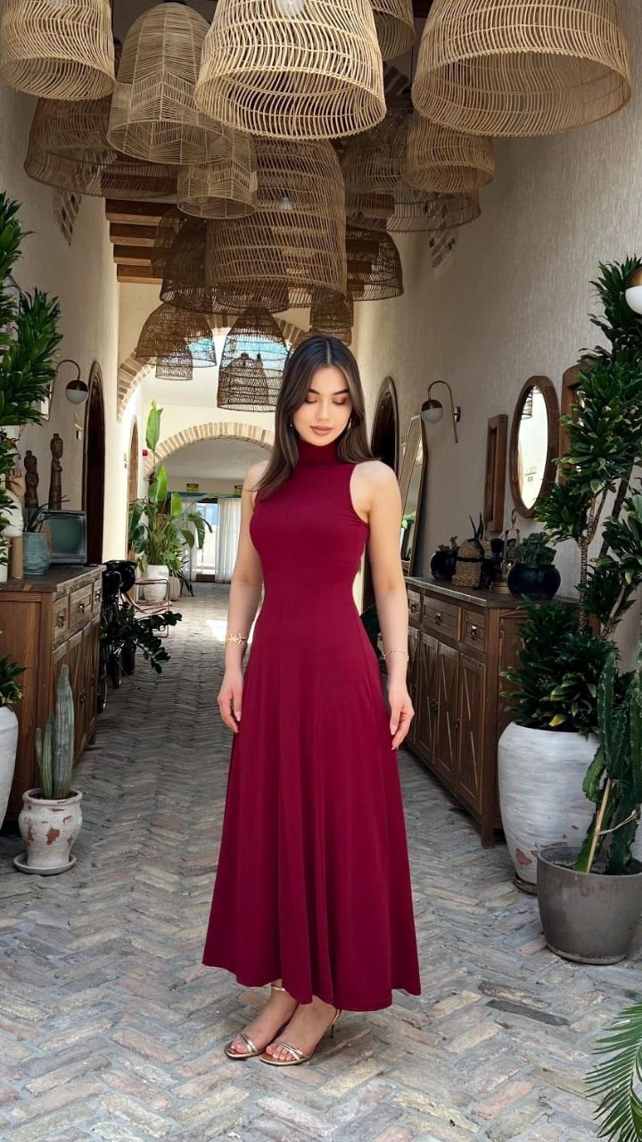 3888-BORDO SIFIR KOL BEZİK ELBİSE