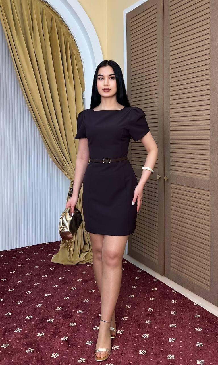 3904-KAHVERENGİ DOUBLE KUMAŞ PRENSES KOL ELBİSE