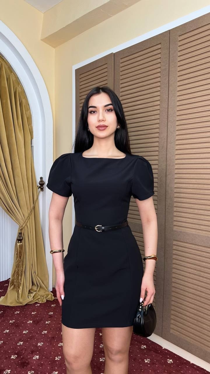 3904-SİYAH DOUBLE KUMAŞ PRENSES KOL ELBİSE