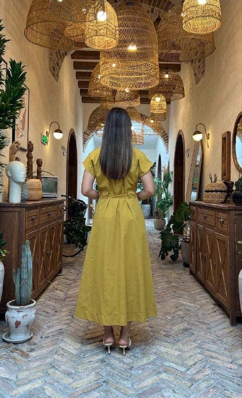 3976-Hardal Kemer Detaylı Cepli Elbise