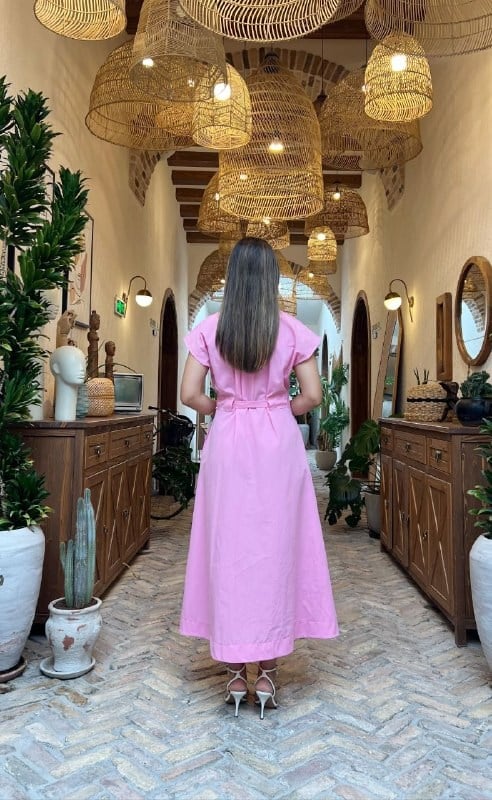 3976-Pembe Kemer Detaylı Cepli Elbise