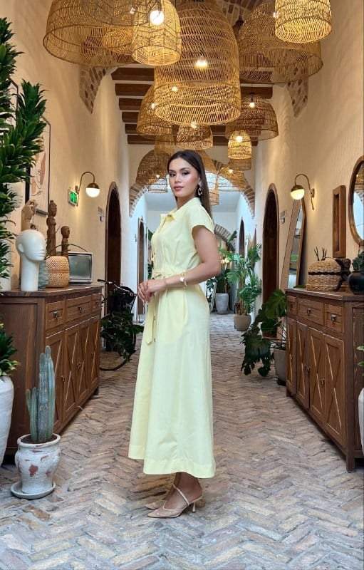 3976-Sarı Kemer Detaylı Cepli Elbise