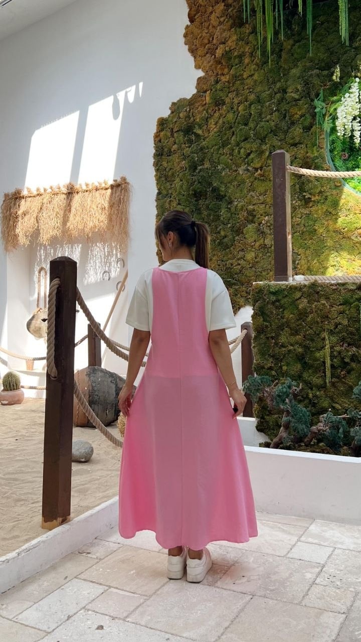 4059-Pembe İki Parça Görünümlü Askılı Jile Elbise