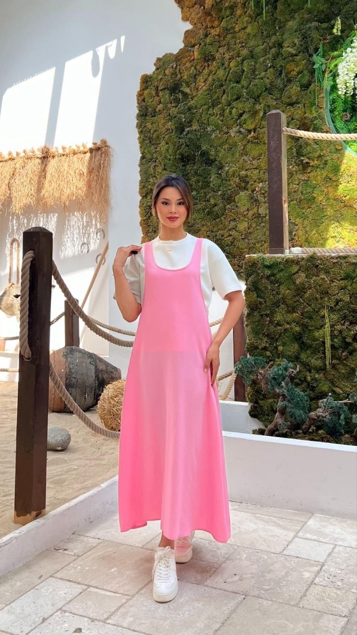 4059-Pembe İki Parça Görünümlü Askılı Jile Elbise