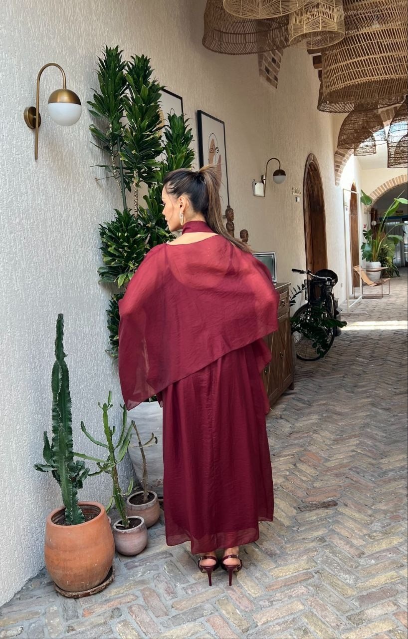 4086-Bordo Şifon Kaftan Detaylı Astar İçli Takım