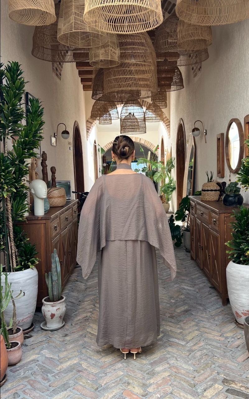 4086-Gri Şifon Kaftan Detaylı Astar İçli Takım