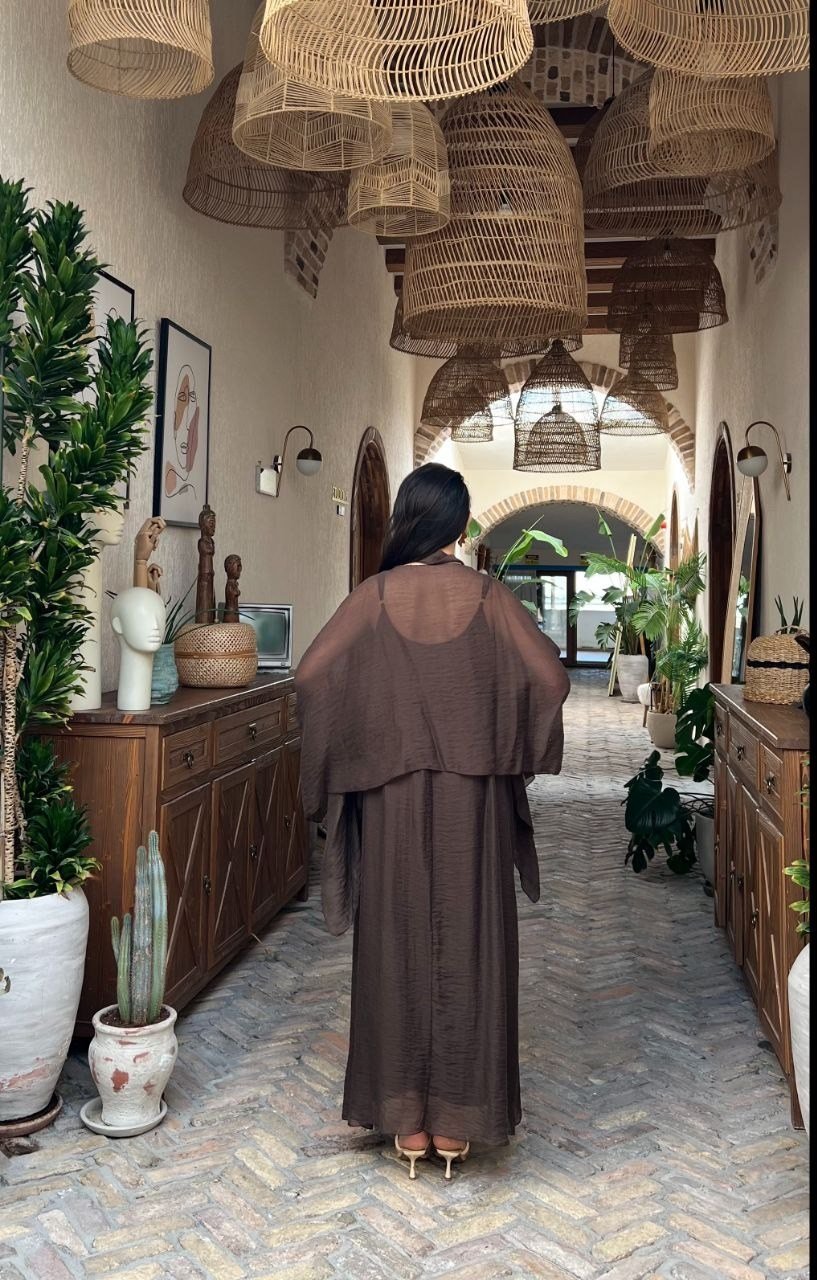 4086-Kahve Şifon Kaftan Detaylı Astar İçli Takım
