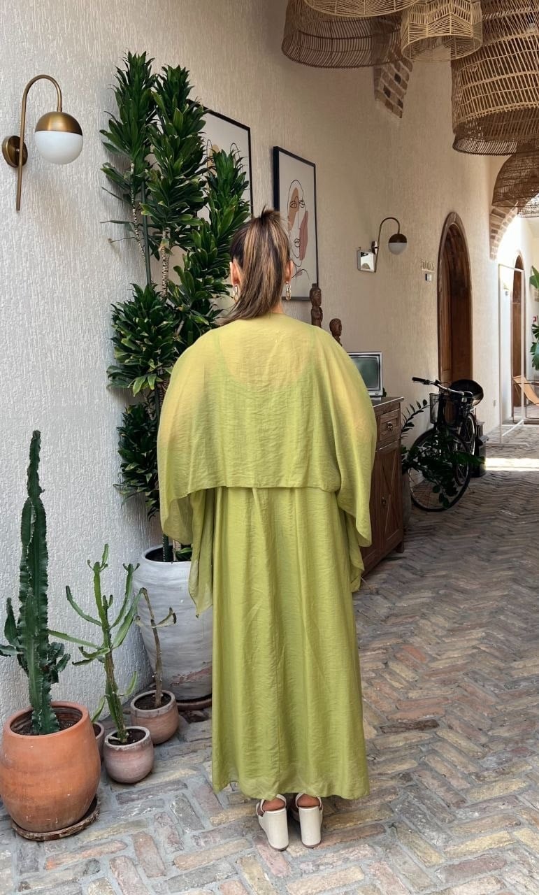 4086-Oliv Şifon Kaftan Detaylı Astar İçli Takım