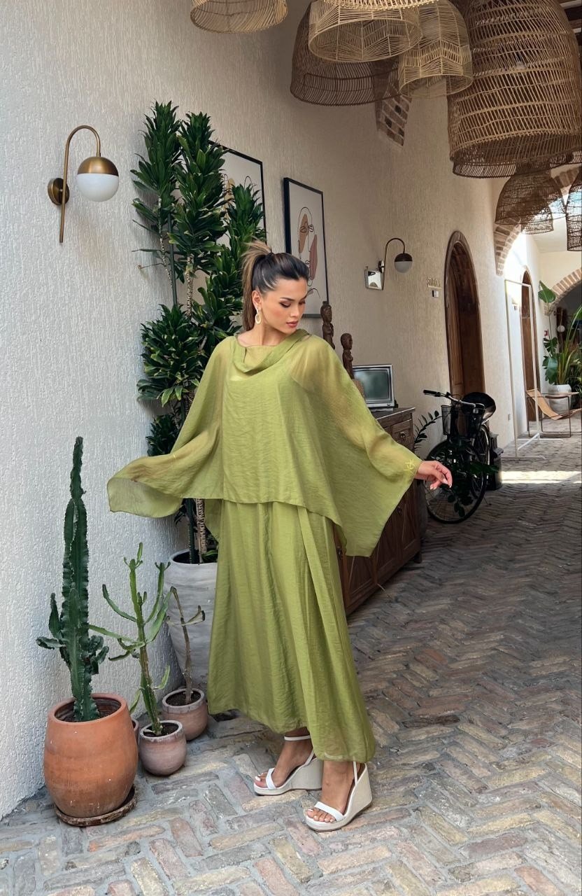 4086-Oliv Şifon Kaftan Detaylı Astar İçli Takım