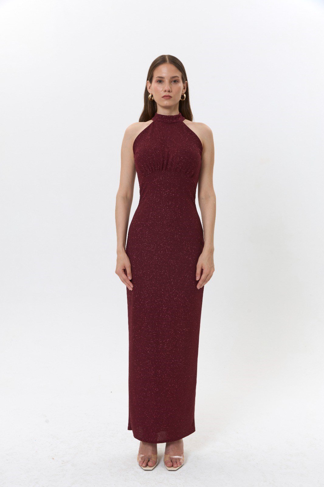 4102-Bordo Halter Yaka Boyundan Bağlamalı Fukuro Elbise