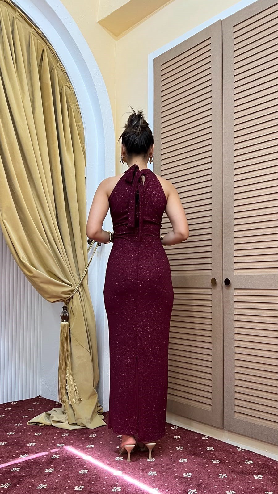 4102-Bordo Halter Yaka Boyundan Bağlamalı Fukuro Elbise