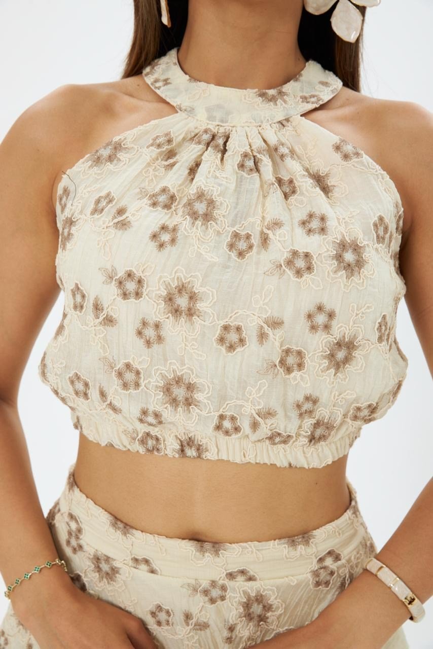 4129-Kahve Çiçek Desenli Halter Yaka Katlı Etekli Takım
