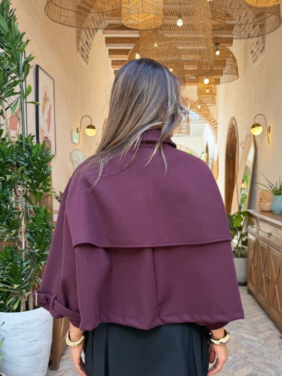 4157- Bordo Kaşe Panço Geniş Yaka Düğmeli Oversize Panço