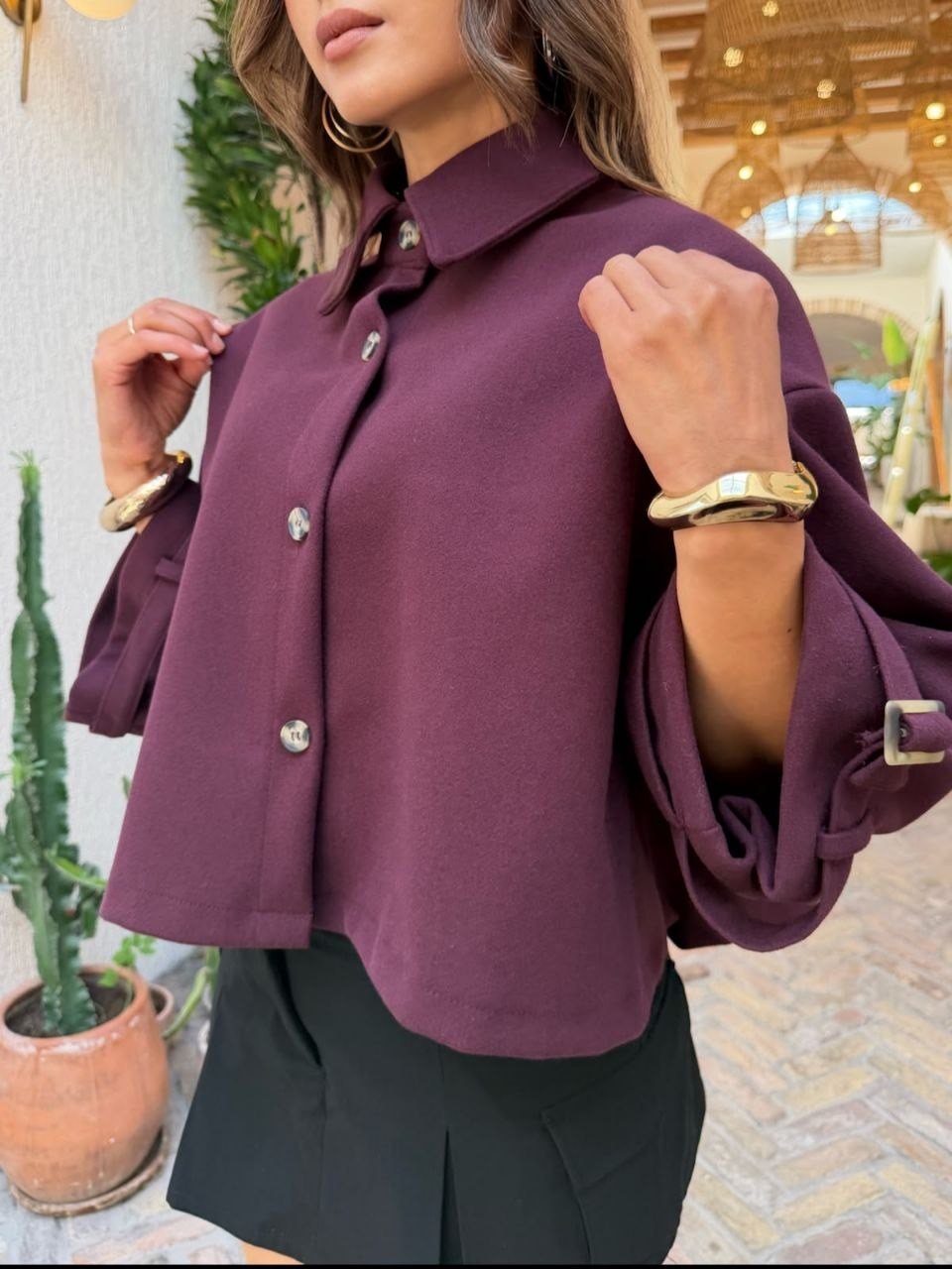 4157- Bordo Kaşe Panço Geniş Yaka Düğmeli Oversize Panço