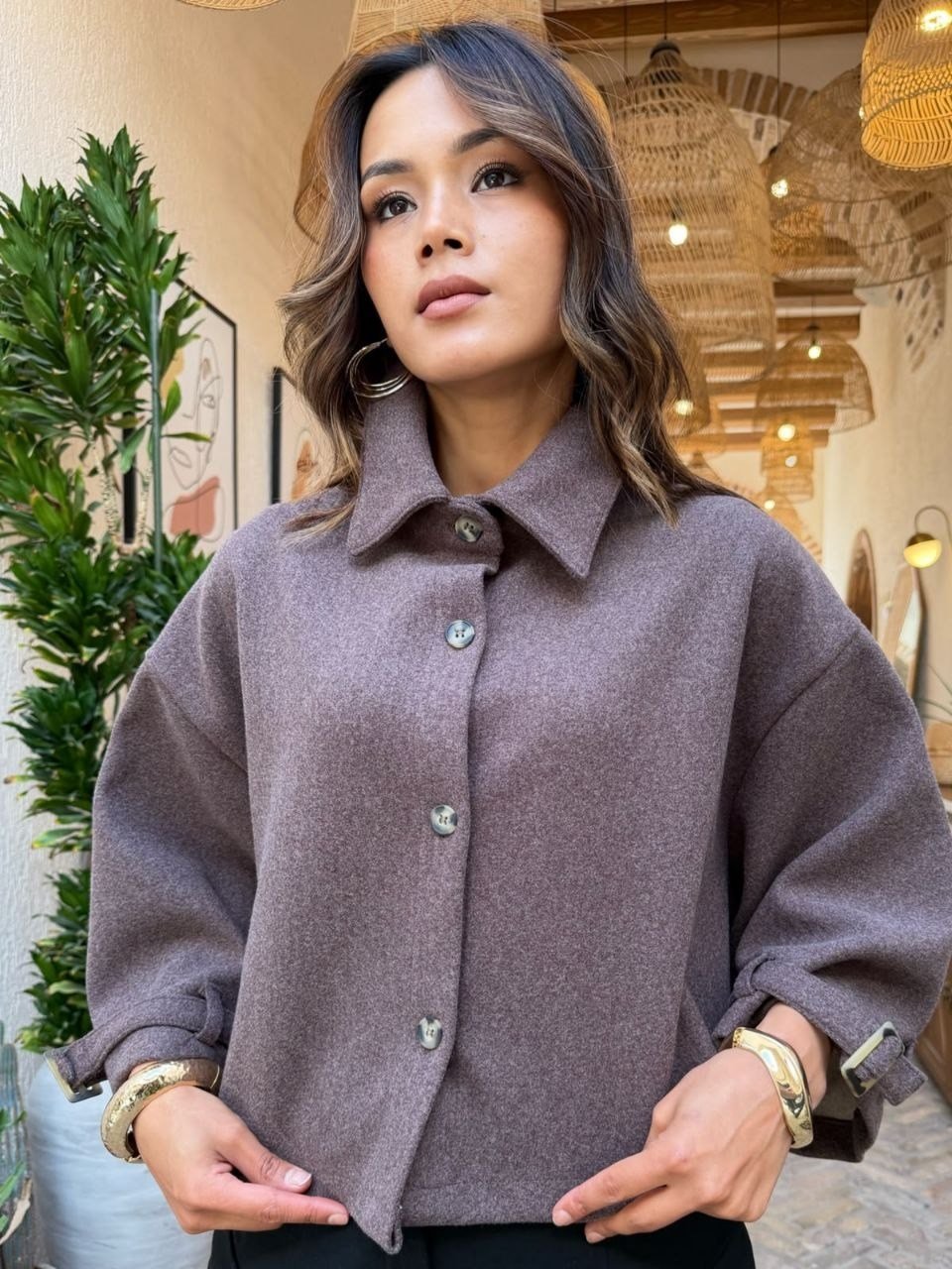 4157- Kahverengi Kaşe Panço Geniş Yaka Düğmeli Oversize Panço