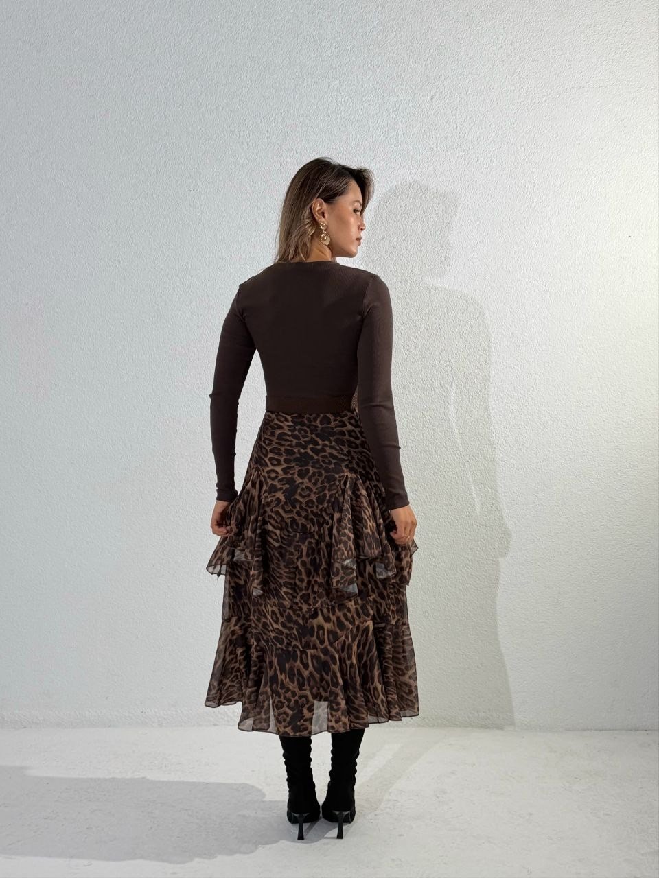 4179-LEOPAR ÜST KARŞKORSE ALT ŞİFON KEMERLİ ELBİSE
