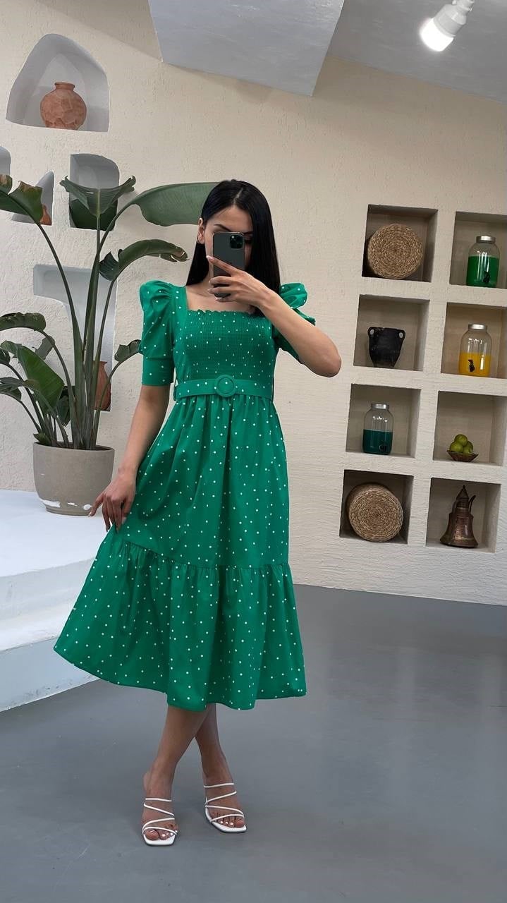 Puantiye Desenli Önü Gipeli Poplin Midi Elbise Yeşil