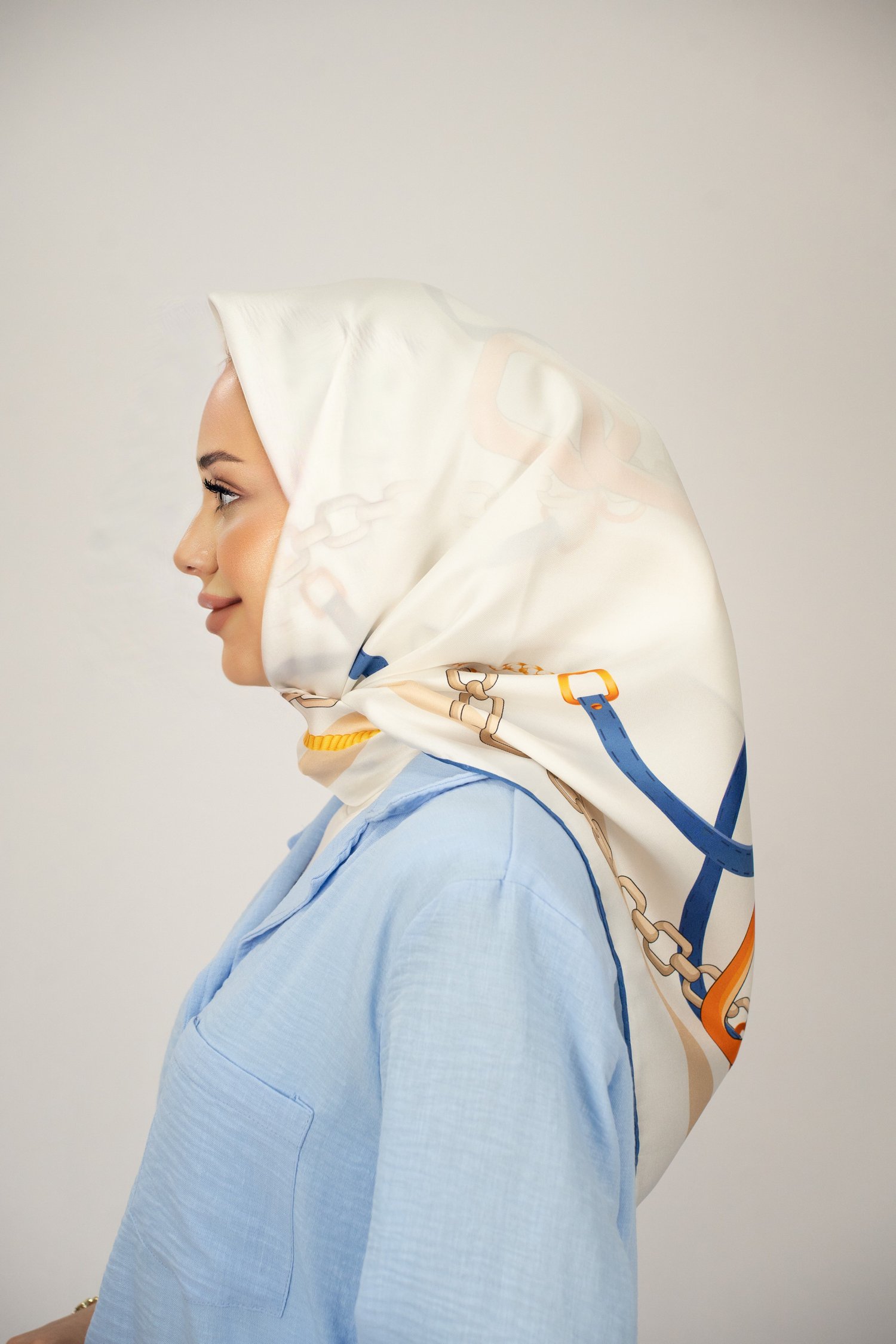 SOFİA MAVİ-TURUNCU TİVİL İPEK EŞARP 90x90
