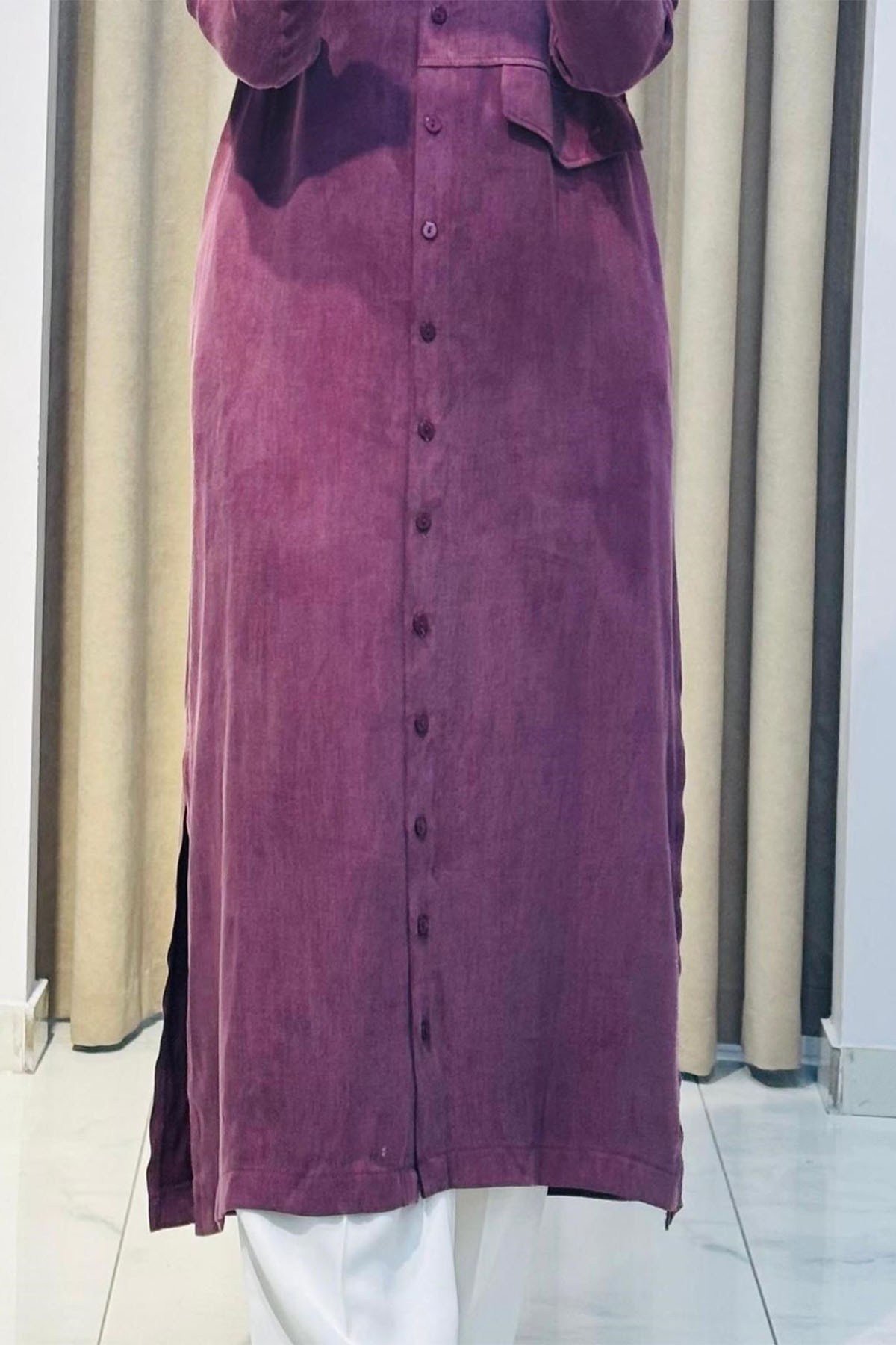 Capri Asimetrik Cepli Uzun Lyocell Tunik Mürdüm